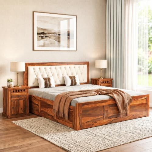 SONA ART & CRAFTS Zeus Solid Sheesham Wood Queen Size Bed with Storage Box | Upholstered Beds Cushioned Double Bed with Box | Queen Size Cot for Home 