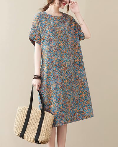 Image of LUZU JUNU Women's Summer Baggy Plus Size Loose Cotton Linen Long Boho Beach Dress with Pockets