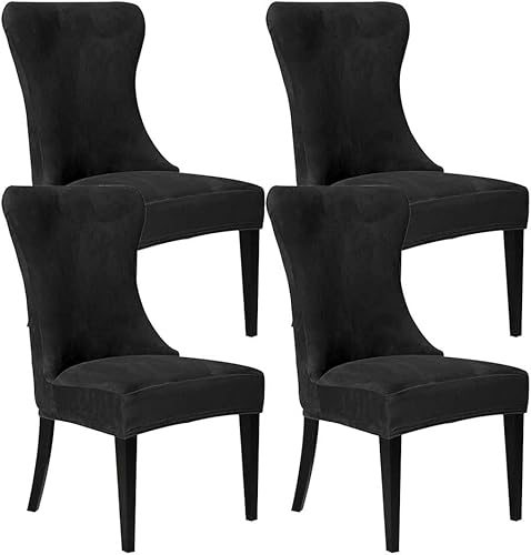 XMNTG Juego de 4 fundas elásticas de terciopelo negro para silla con respaldo de ala, súper suave, reutilizables, lavables, protectores de silla