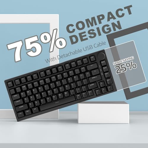 Image of ATTACK SHARK Ajazz AK820 Mechanical Keyboard with CNC Knob Control,75% Gasket Mount Keyboard and Detachable USB Wired Gaming Keyboard for Win /Mac,White Light,NKRO,Blue Clicky Switch(Black)