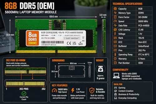 Image of 8GB DDR5 5600MHz OEM Laptop RAM Compatible with Micron [Key Specs: PC5-44800 /5600B | 262-Pin SO-DIMM | CL46 | 1Rx16 | 1.1V | Non-ECC] | 5 Years Seller Warranty