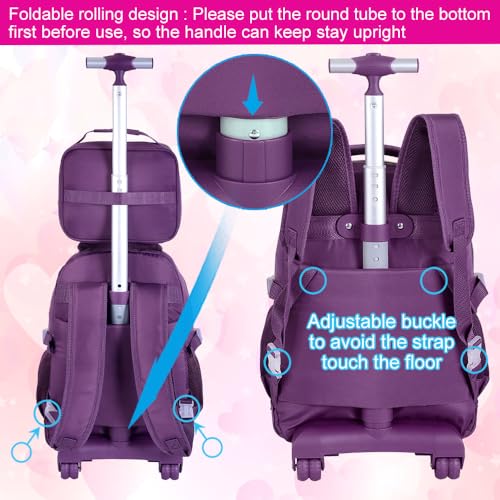 CCJPX 3PCS Rolling Backpack for Girls, Women Roller Bookbag with Lunch Box for Adults, Water Resistant Wheeled School Bag for Teens Kids Travel - Dark Purple - Image 5