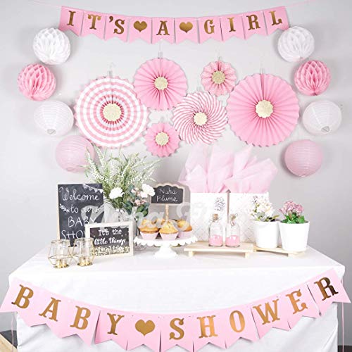 NAHA FLUME Baby Shower Decorations for Girl | 50pc Pink and Gold Ba