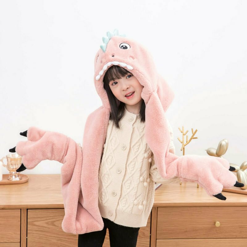 Richmen Winter 3 in 1 Hooded Scarf Hat Gloves Set Women Cute Woolen Cap for Boys Girls Long Thick Fleece Winter Integrated Hoodie Earflap Outdoor Dinasour Hats Kids L Pink(Above 12 Years) 1