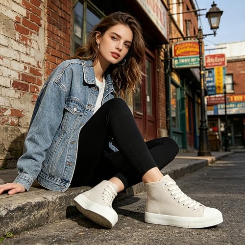 Image of Uoidru High Top Sneakers for Women Canvas Shoes White Canvas High Tops Women Casual Shoes Lace Up Fashion Sneakers