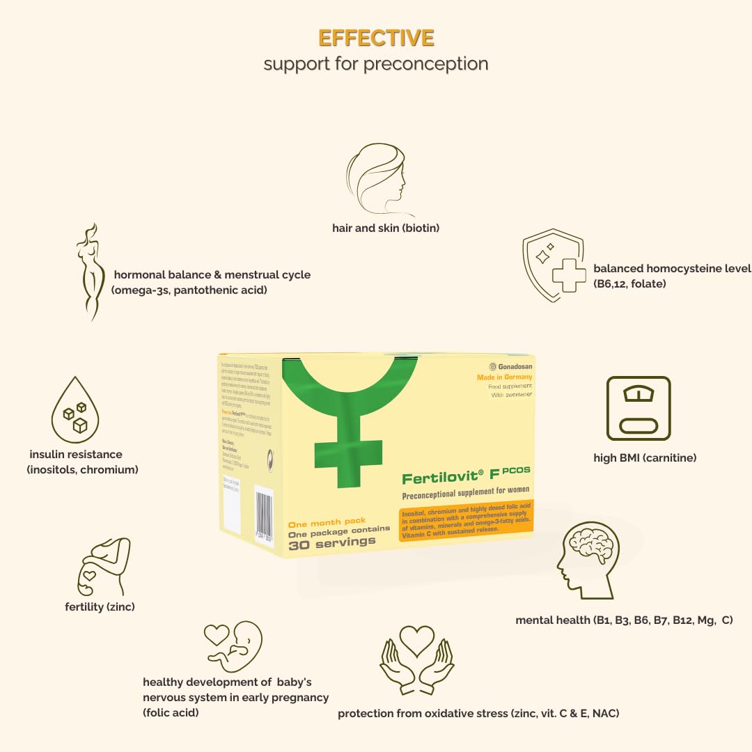 Fertilovit PCOS | Vitaminas para la Regulación del Ciclo en el Síndrome de Ovario Poliquístico | Ideal para el Apoyo a la Concepción | 60 Cápsulas + 30 Sticks para 30 Días