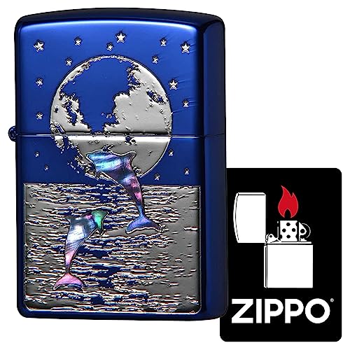 ジッポー(Zippo) ライター 防風 真鍮製 ドルフィン 貝貼り 特製ステッカー付き ブルー 2BLS-DOLPHIN1