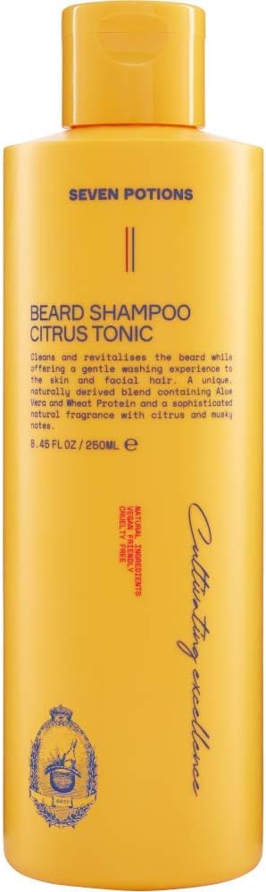 SEVEN POTIONS Citrus Tonic men Beard Shampoo, 8.45 Fl Oz - Natural, Vegan, Cruelty Free -for Itch, Dandruff & Irritation - Made in England