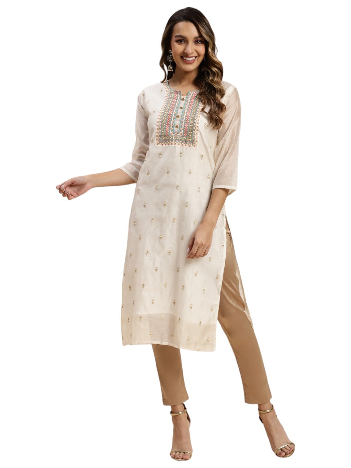 rangita Women Chanderi Regular Fit Calf Length Embroidered Straight Kurti | Kurta