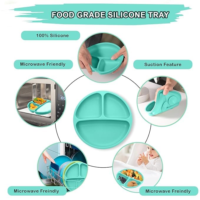 Image of BabyGo Silicone Suction Plates for Baby Microwave,Dishwasher, Freezer Safe Unbreakable with 4 Suction Cup Feeding Plate for Baby & Toddlers, BPA Free (Light Blue)