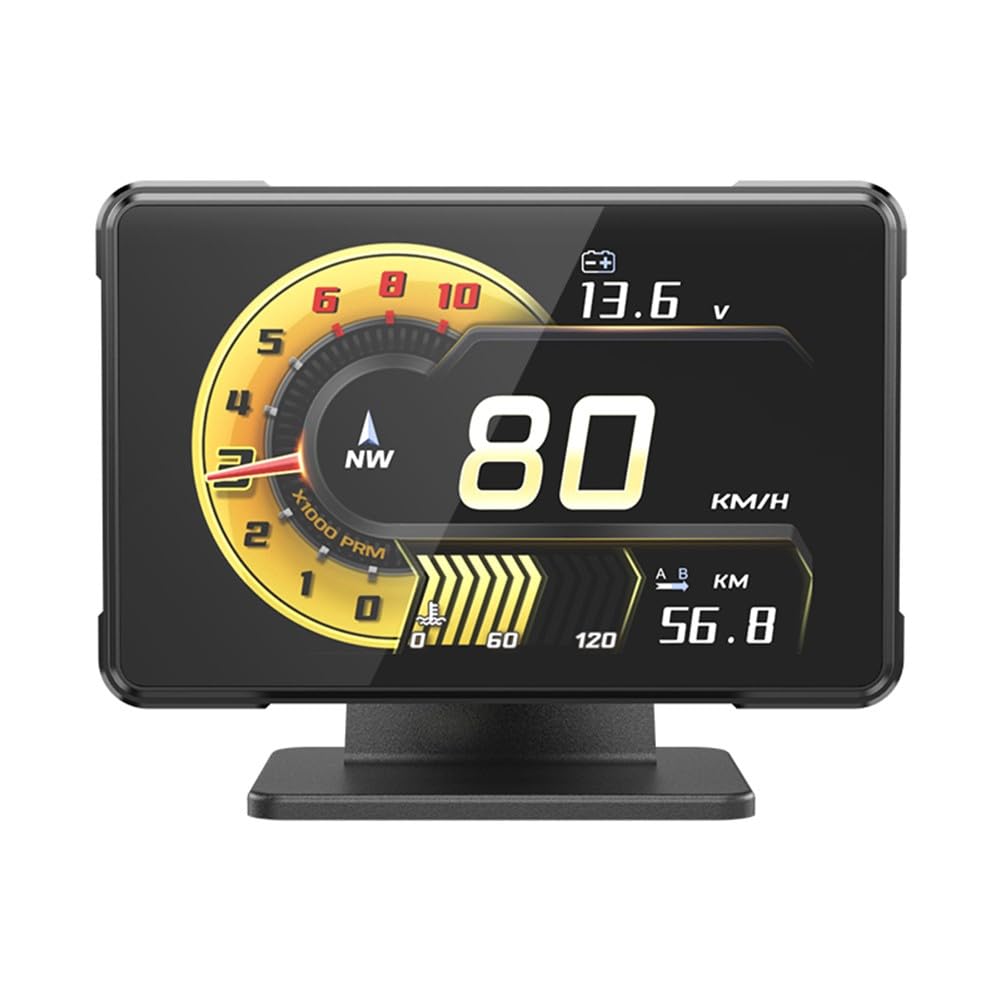 FUBESK GPS+OBD Head-Up-Display (HUD) mit Anzeige von Spannung, Geschwindigkeit, Drehzahl, Turbolader und Öltemperatur, ABS+PC, Schwarz, für Fahrzeuge ab Baujahr 2008.