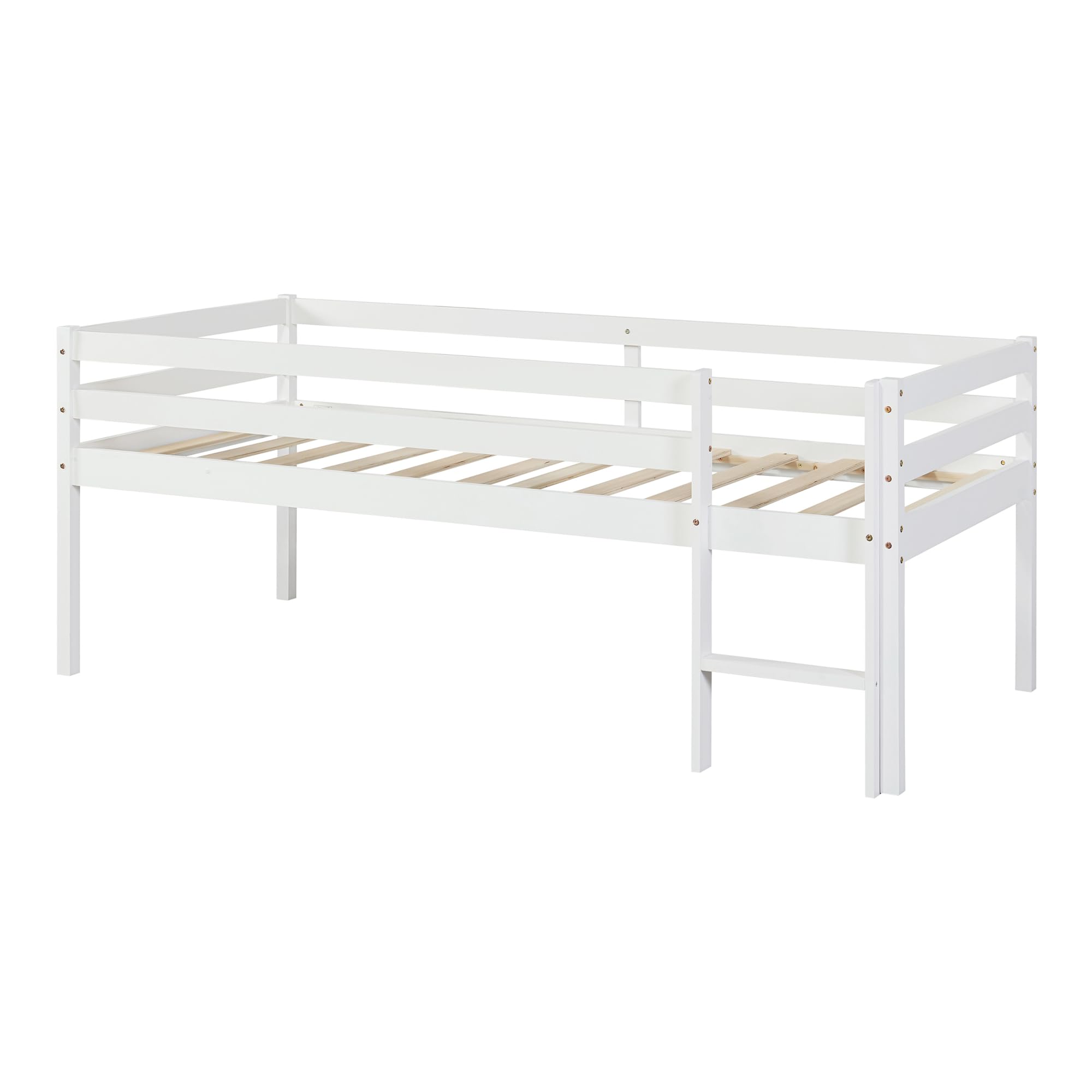 [en.casa] Lit Enfant Surélevé avec Barrière de Sécurité Lit Mezzanine avec Sommier à Lattes et Échelle Lit Simple Style Intemporel Bois de Pin Contreplaqué 90 x 200 cm Blanc