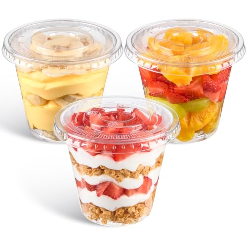 Qeirudu 50 Pack 9 Oz Clear Plastic Dessert Cups with Flat Lids No Hole Small Parfait Cups Mini Plastic Cups for Fruits Puddings Jello Cakes Snacks Ice Creams Party Supplies