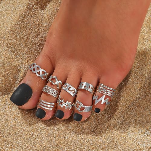 Image of 12PCS Toe Rings for Women 14K Gold /Silver Plated Adjustable Toe Ring Set Open Heart Arrow Infinity Rings Beach Foot Jewelry for Summer
