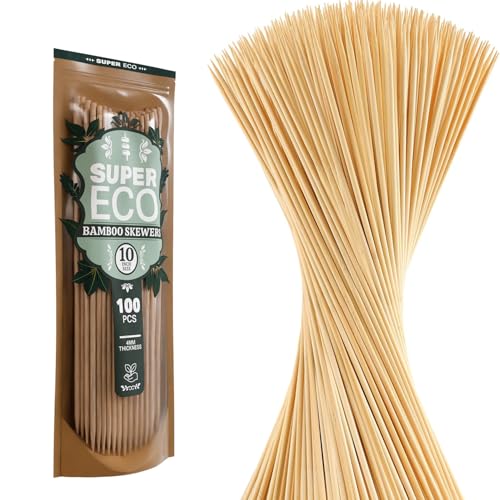 SUPER ECO 100 Pcs Natural Bamboo Skewers, Wooden Skewers for Appetizers, Fruit, Kebabs, Grilling Barbecue, Mini Burger, Sausage, Cocktail, Long Toothpicks, Food Sticks Natural