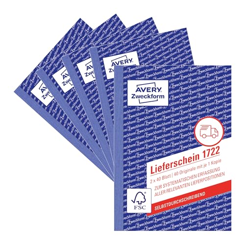 AVERY Zweckform 1722-5 Lieferschein (A6 2x40 Blatt selbstdurchschreibend mit farbigem Durchschlag zur systematischen Erfassung aller relevanten Lieferpositionen) 5er Pack weiß/gelb