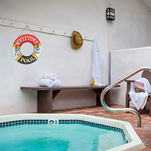 Welcome to Our Pool Sign Swimming Pool Decoration Summer Sign(12"x 12"), Rustic Summer Pool Decor Wood Sign Plaque, Swimming Ring Shaped Summer Wooden Hanging Sign for Pool Outdoor Decor - Image 5