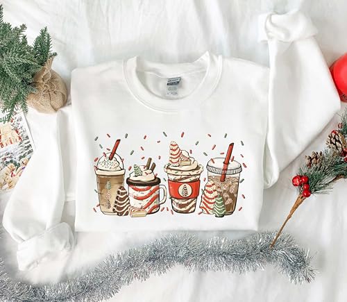Christmas Tree Cake Coffee Sweatshirt, Cute Xmas Gift Shirt, Latte Lover Christmas Shirt, Xmas Peppermint Tee Gift, Xmas Hoodie Present, Cozy Winter Shirt, Oversized Shirt, Cute Coffee Christmas Gift4