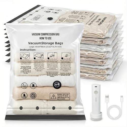 Yobobo Vacuum Seal Bags for Clothing: 9 Pack Large Travel Vacuum Bags for Luggage with Rechargeable...