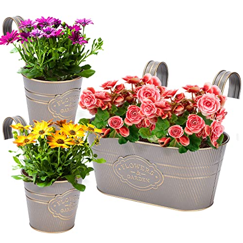 Image of PerGar 3 Pack Metal Railing Planter Box Outdoor, 10.6 inch Hanging Flower Pots with Detachable Hooks & Drainage Holes, Rail Planter Boxes for Balcony Deck Porch Fence Garden Home Decoration, Grey