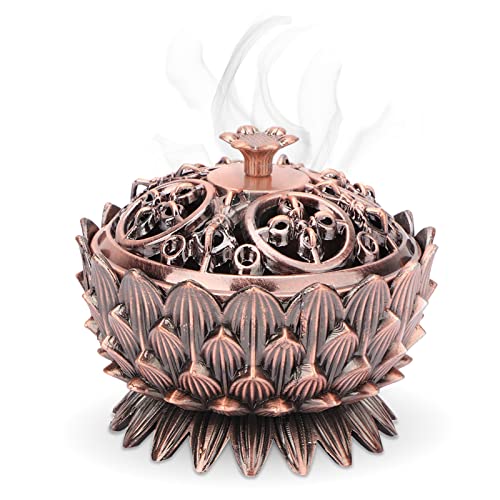 HERCHR incensario de carbón, Vintage Quemador De Incienso Lotus Forma Aleación, Titular de incensario decoración del hogar, Receptor de Cenizas para Cono de Polvo o Incienso en Espiral 7x5 (Cobre)