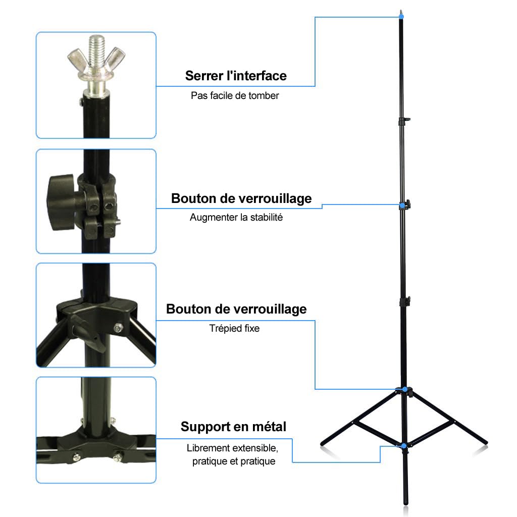 Bonnlo 2 x 3 m Support de Fond Photo, Support Toile de Fond Réglable avec 3 Pinces, Un Sac de Transport et 2 Sacs de Sable, pour Professionnel Fond Studio Photo, Photographie Portrait.