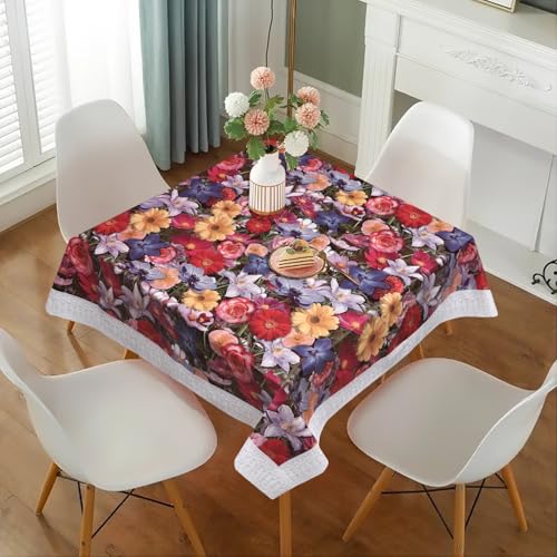 Image of Dakshya Industries PVC Waterproof Square Table Cover 48x48 Inch for 4 Seater Dining Table | Floral Printed Oilproof Stain Resistant Washable Plastic Table Cover, Math