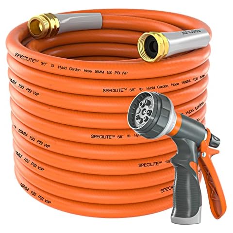 SPECILITE Garden Hose 50 ft x 5/8 in Heavy Duty, Flexible and Lightweight Water Hose, Burst 600 psi, Kink-less Hybrid Rubber Hose for Backyard, 3/4'' Brass Fittings Cover