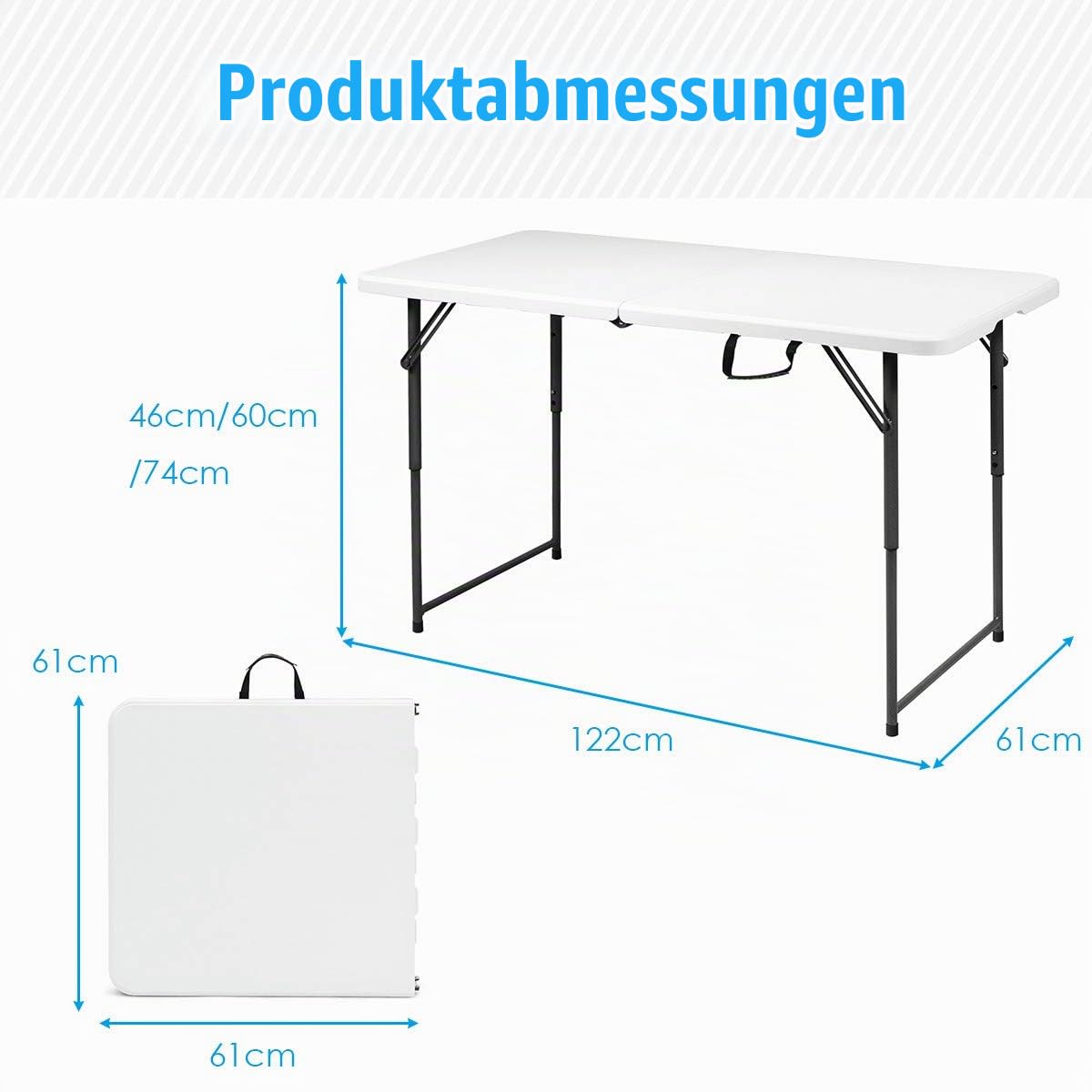 RELAX4LIFE Campingtisch kalppbar, Klapptisch mit Tragegriff, Tapeziertisch belastbar bis 150 kg, Gartentisch höhenverstellbar, Multifunktionstisch zum Campen für Festivalls Märkte, (122 x 61 x 74 cm)