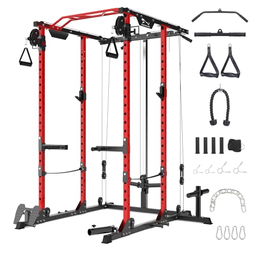 Hipicute Power Cage, Squat Rack with Cable Crossover System, 2000LBS Power Rack with LAT Pull Down System, Workout Cage with Pulley System for Fitness Home Gym, Red