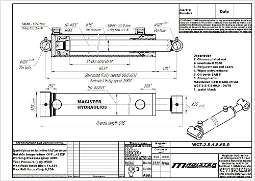 Image of Magister Hydraulic Cylinder 2.5 inch Bore x 60 inch Stroke, Welded Hydraulic Ram with Cross Tube Ends, Double Acting Hydraulic Piston 3500 PSI (WCT 2.5x60)