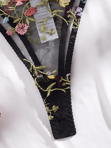 Image of Sexy Floral Embroidered Flower Mesh Underwire Push Up Lingerie Set