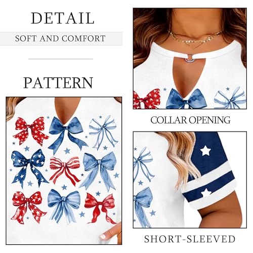 Image of Ithalt Plus Size American Flag Shirt Women Bow T Shirt 4th of July Shirts USA Patriotic V Neck Tees for Independence Day