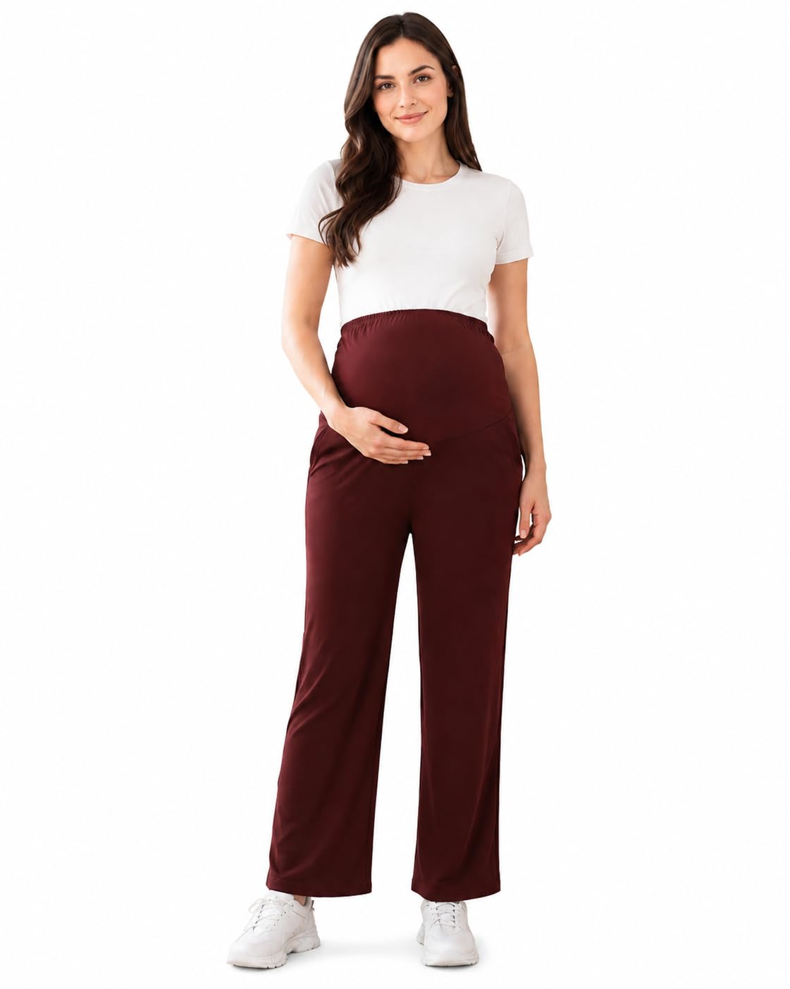 Women's Maternity Track Pants | Soft Cotton Pregnancy Pants with Over Belly Support | Stretchable Full Length Maternity Bottom Wear | Maroon-image-30
