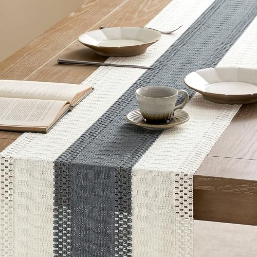 Image of ZeeMart Macrame Style Bicolor Stitching Table Runner, 14 x 60 Inch Charcoal /Ivory, Boho Dark Grey Table Runners 60 Inches Long, Farmhouse Woven Home Decor