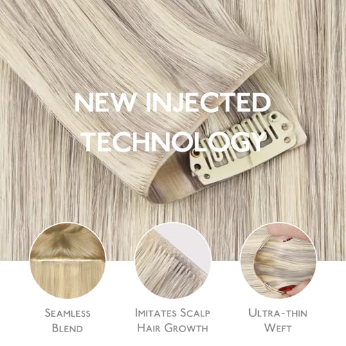 Image of WENNALIFE Invisi Edge & Classic Seamless Clip in Hair Extensions Real Human Hair, 18 Inch 130 7pcs Ash Blonde Highlighted Platinum Blonde Hair Extensions for Women Invisible Straight Injection Extensi