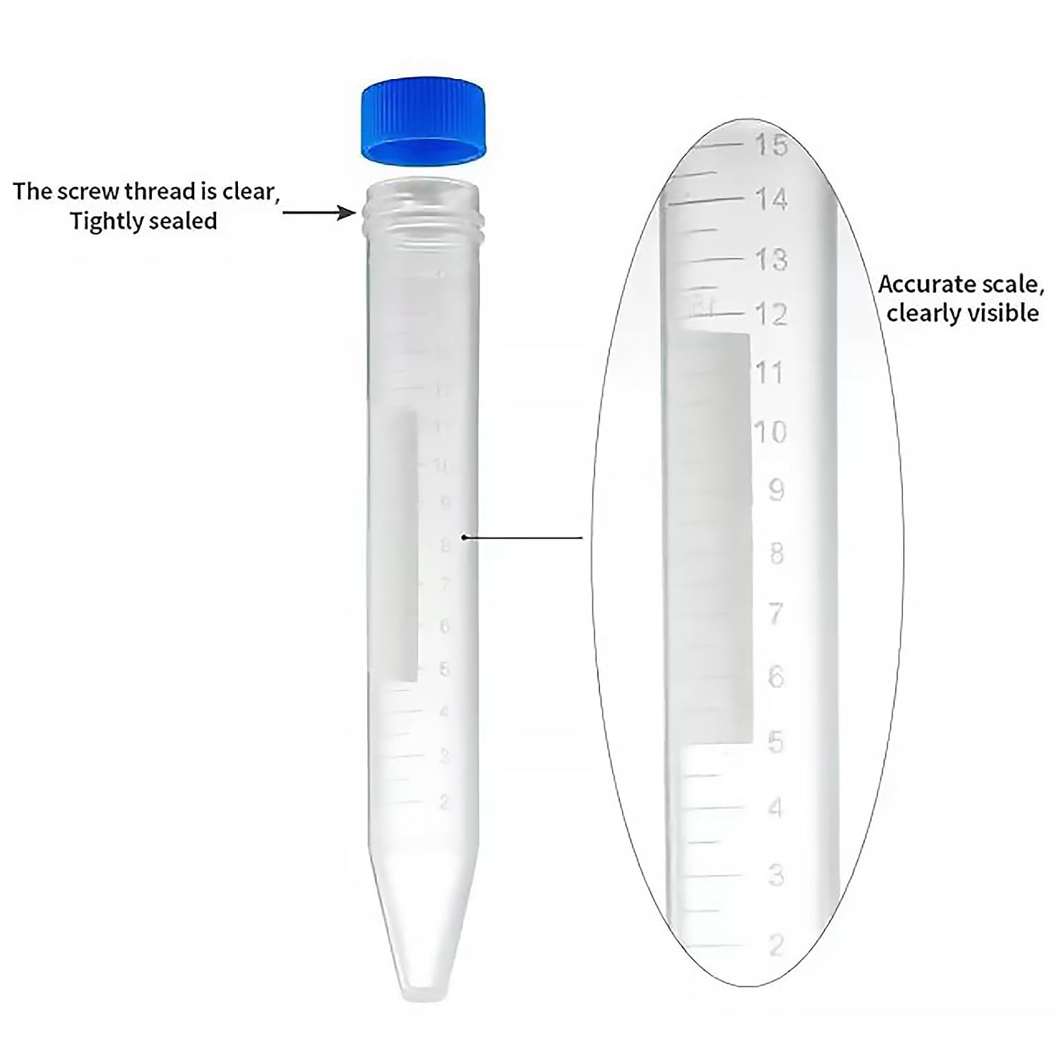 Bipee Plastic Centrifuge Tubes, 15ml, Conical Bottom, Graduated Marks, Blue Screw Cap, Pack of 100pcs