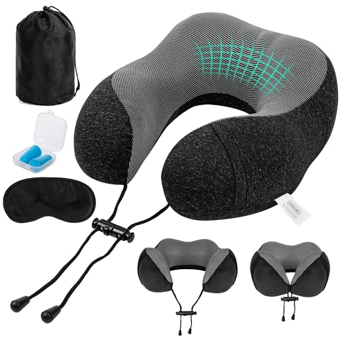 ASAB Memory Foam Travel Neck Pillow with Side Pocket Machine Washable Cover Sweatproof Magnetic Breathable Fabric Portable Pouch 360° Neck and Head Support Airplane Pillow Kit Compact (Black)
