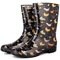 DaeRainy Women's Mid Calf Rain Boots Waterproof Non-Slip Garden Fishing Farm Work Outdoor, Chickens Black, 5 UK