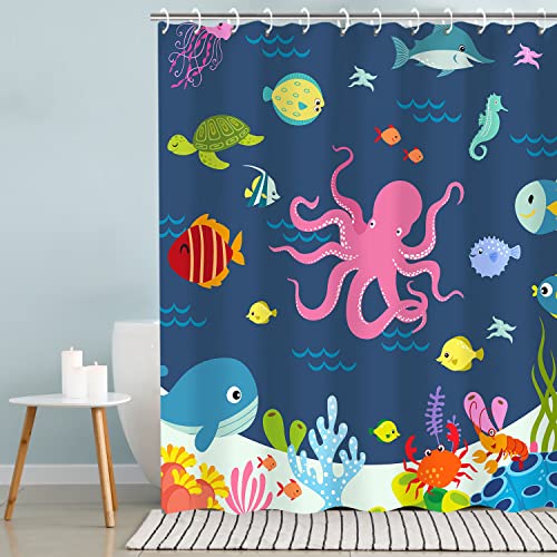 Rosielily Kids Shower Curtain, Ocean Shower Curtains, Under The Sea Shower Curtain With 12 Hooks, Sea Animal For Kids Bathroom Decor, 72''W X72''H #TOP1