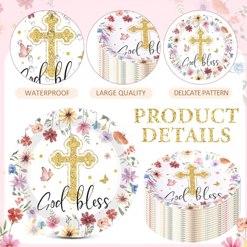 Image of Funnymoom 60 Pcs Baptism Plates Baptism Party Supplies 7 Inch God Bless Floral Paper Plates Decoration for Girls Disposable Flower Party Decoration for Mi Bautizo Christening Confirmation Baby Shower