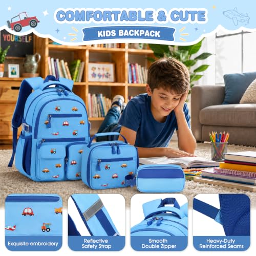 Image of DIGOBAY Backpack for Boys 6-8, 3PCS Embroidery Toddler Boys Backpack with Lunch Bag Pencil Case, 15.7 inch Kids School Bookbag for Preschool Kindergarten Elementary Daycare Backpacks, Blue Car