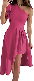 Womens One Shoulder Sleeveless Ruffle Empire Waist Asymmetrical High-Low Bodycon Formal Wedding Guest Midi Dresses - Buy now