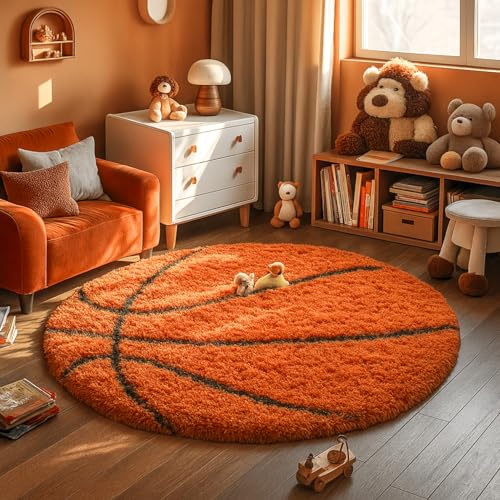 Image of Modern Shaggy Round Rug | Ultra-Soft Plush Circle Carpet for Living Room, Bedroom, Nursery | Fuzzy, Fluffy Area Rug with Non-Slip Base Orange Ball 6x6 feet