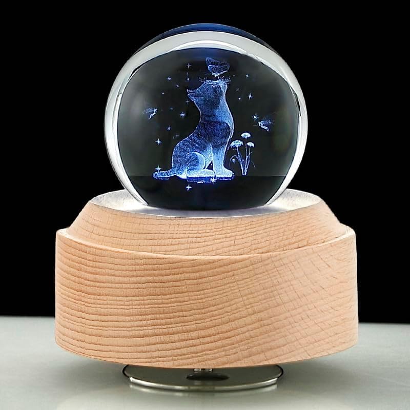 Sinzyo 3D Crystal Ball Music Box Rotating Base,for Birthday,New Year,Valentine's Day Gift,Music Boxes for Women Mom Daughter,Thanksgiving(Circle, Cat, You are My Sunshine)