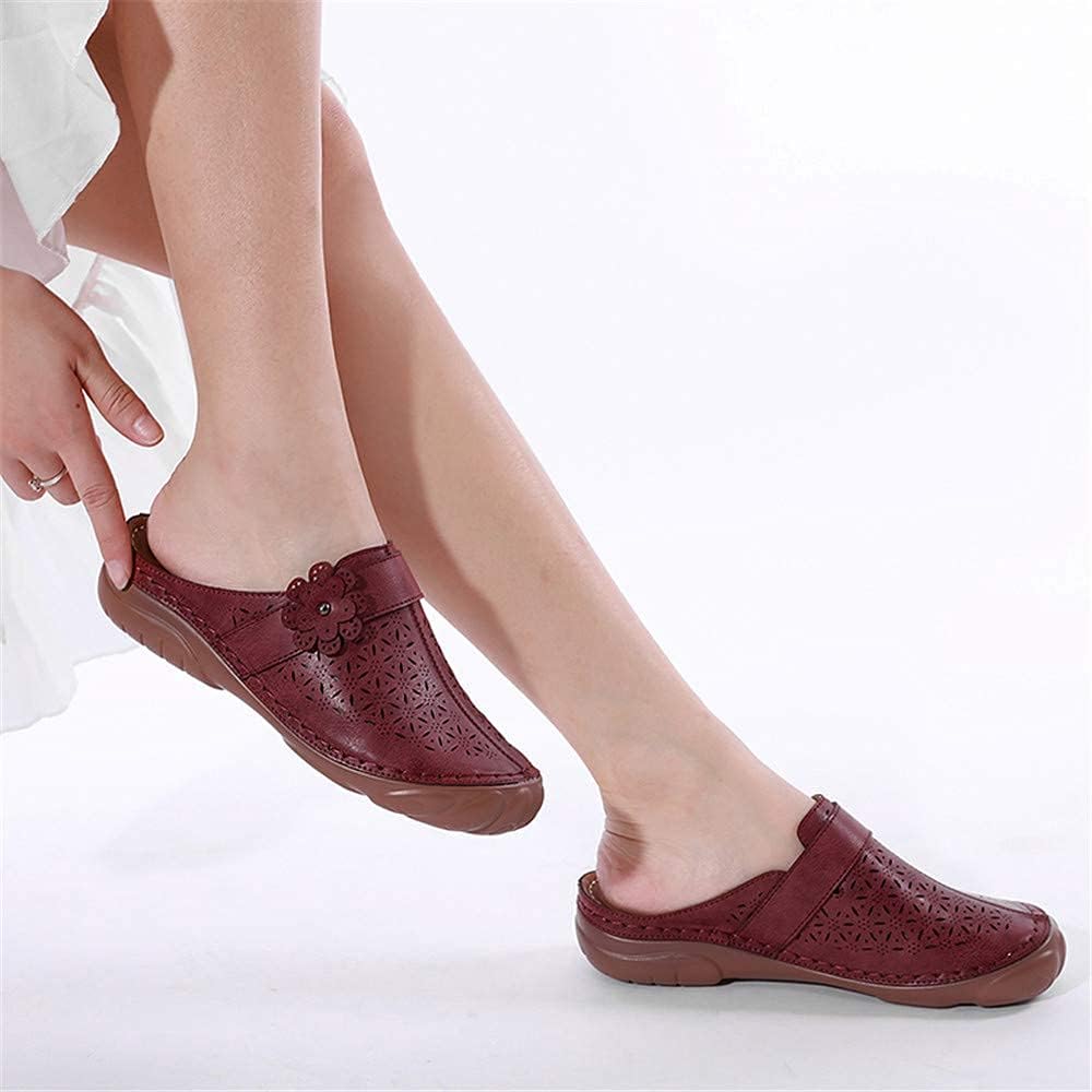 Womens Hollow Out Breathable Leather Flat Mules Summer Loafer Sandals Casual Low Wedges Walking Shoes