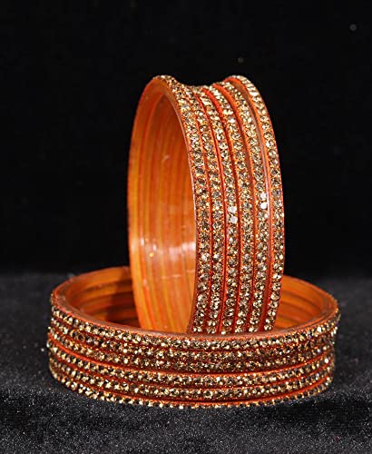 Image of NMII Glass with Zircon Gemstone and Beads Studdded Glossy Finished Traditional Bangle Set For Women and Girls