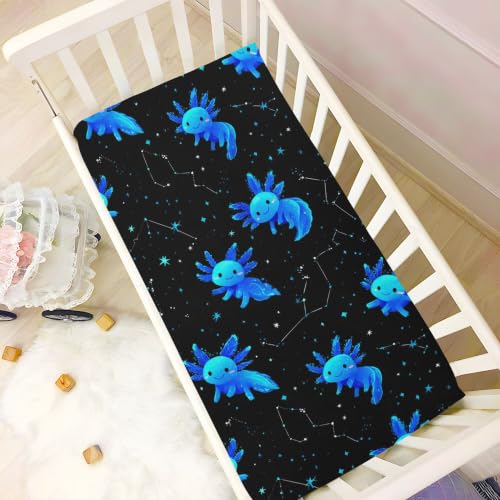 Image of Cartoon Axolotl Galaxy Crib Sheets Soft Breathable Fitted Baby Crib Sheets Mattress Cover for Girls Boys, 52 inch x 28 inch x 9 inch