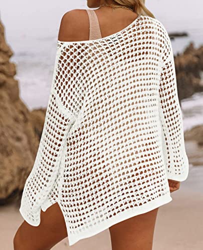 ZESICA Women's 2025 Summer Crochet Hollow Out Long Sleeve Beach Bikini Swimsuit Mesh Cover Up Tunic Top3