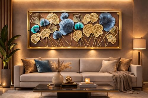 Image of F-RIQA METAL Luxury Metal Leaf Wall Art (20 x 40 Inch) - Gold & Blue Floral Wall Hanging Decor for Living Room, Bedroom & Office